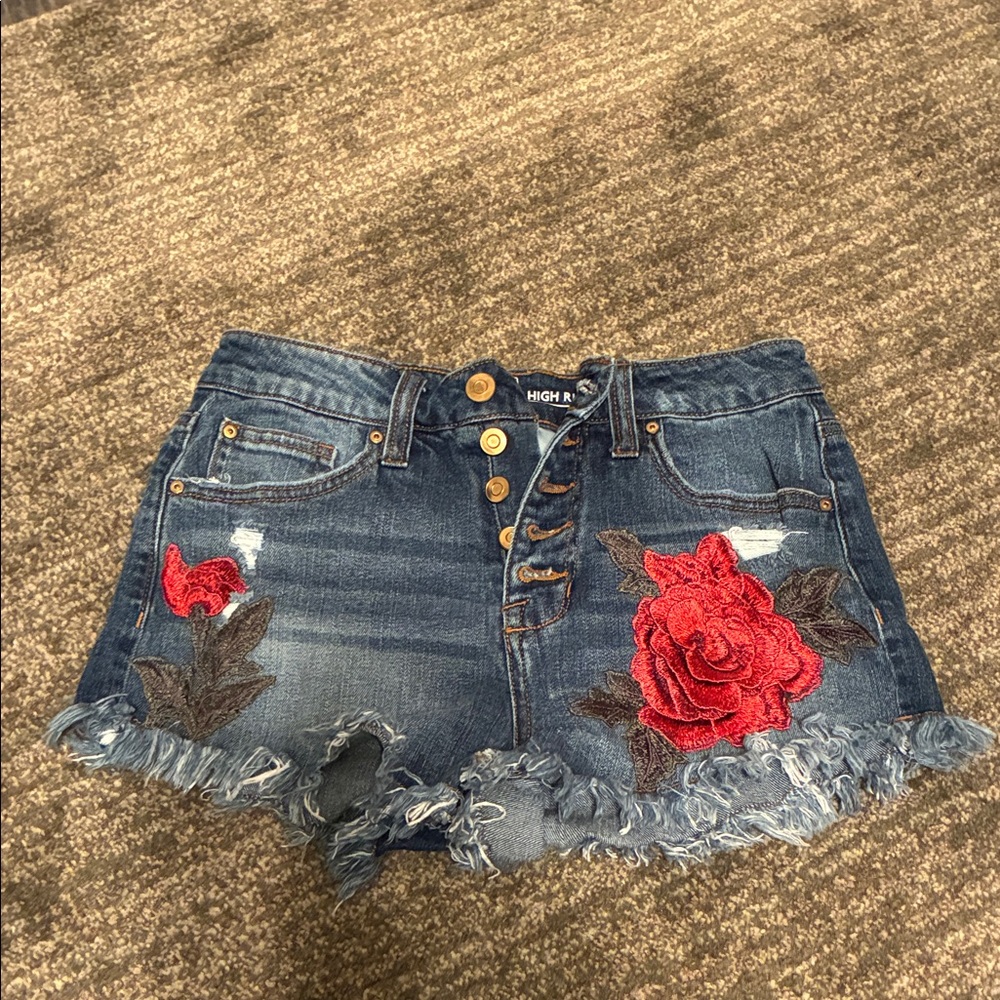 NOBO Blue Jean Shorts with Red Rose Embroidery